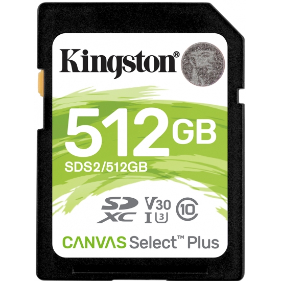 Kingston 512GB Canvas Select Plus SD (SDXC) Card U3, V30, 100MB/s R, 85MB/s W