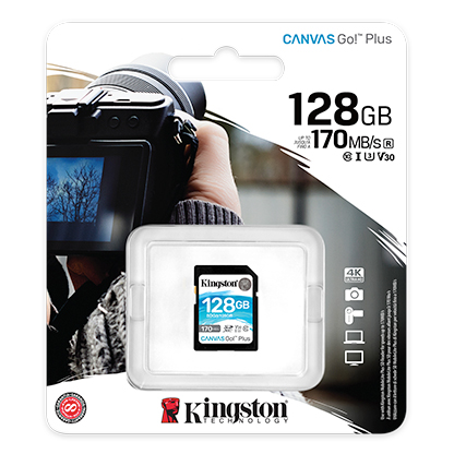 Kingston 128GB Canvas Go Plus SD (SDXC) Card U3, V30, A2, 170MB/s R, 90MB/s W