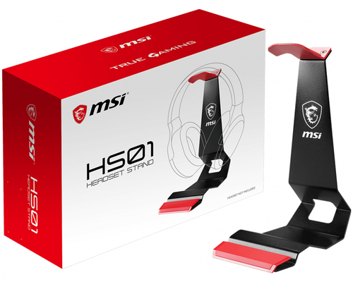 MSI HS01 Gaming Headset Stand 'Black with Red, Solid Metal Design, non slip base, Cable Organiser, Supports most headsets, Mobile holder'